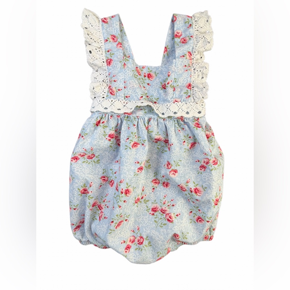 Nola Blue Floral Lace-Trim Baby Romper